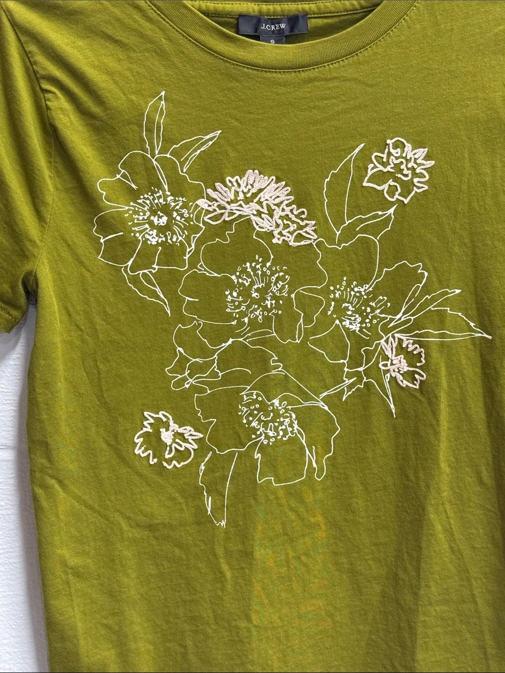J. Crew Olive Green Short Sleeve Floral Crewneck Tee